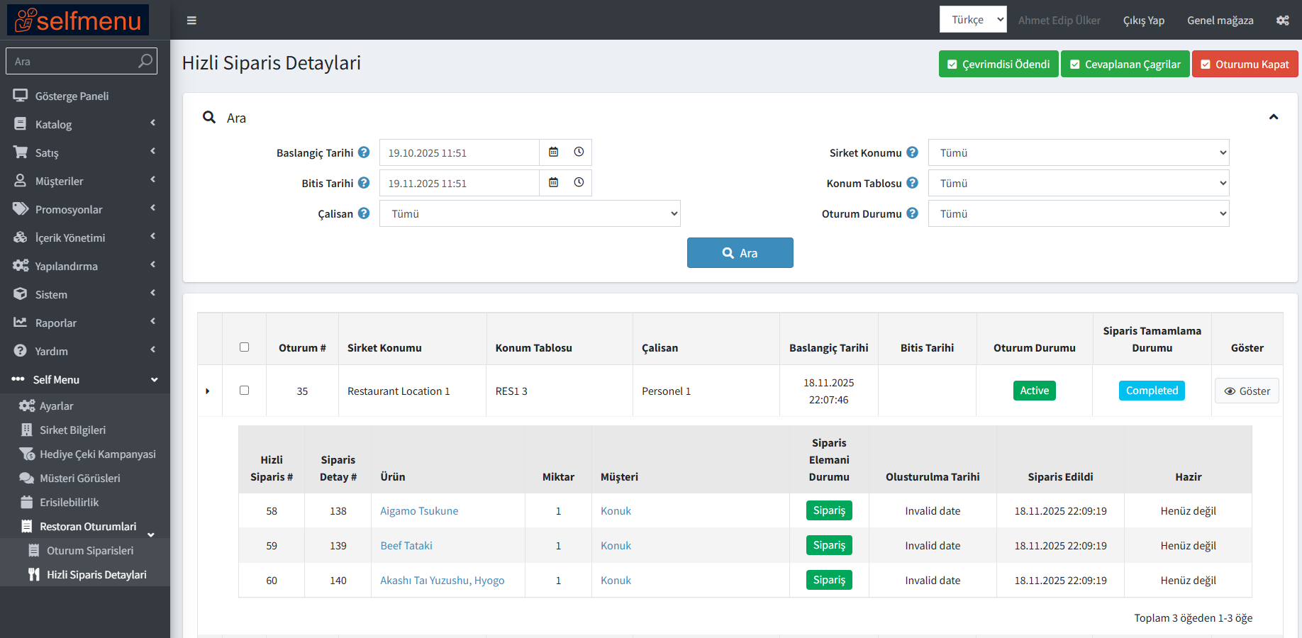 Online Sipariş Sistemi Ekranı